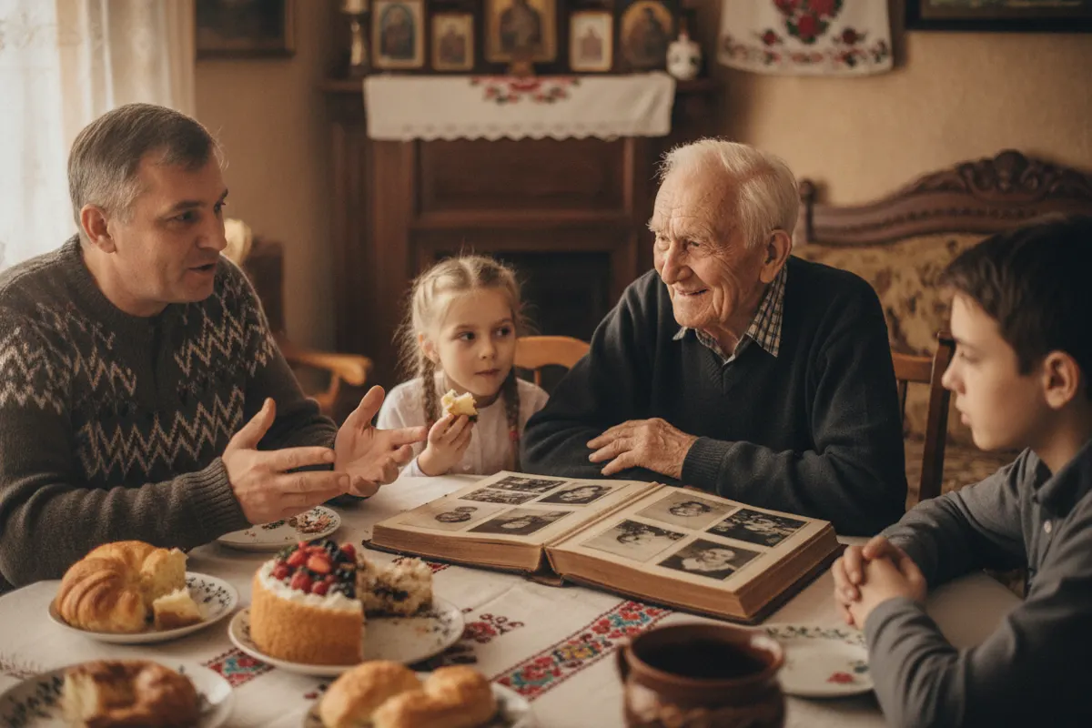 Літній дідусь посміхається в колі родини за святковим столом